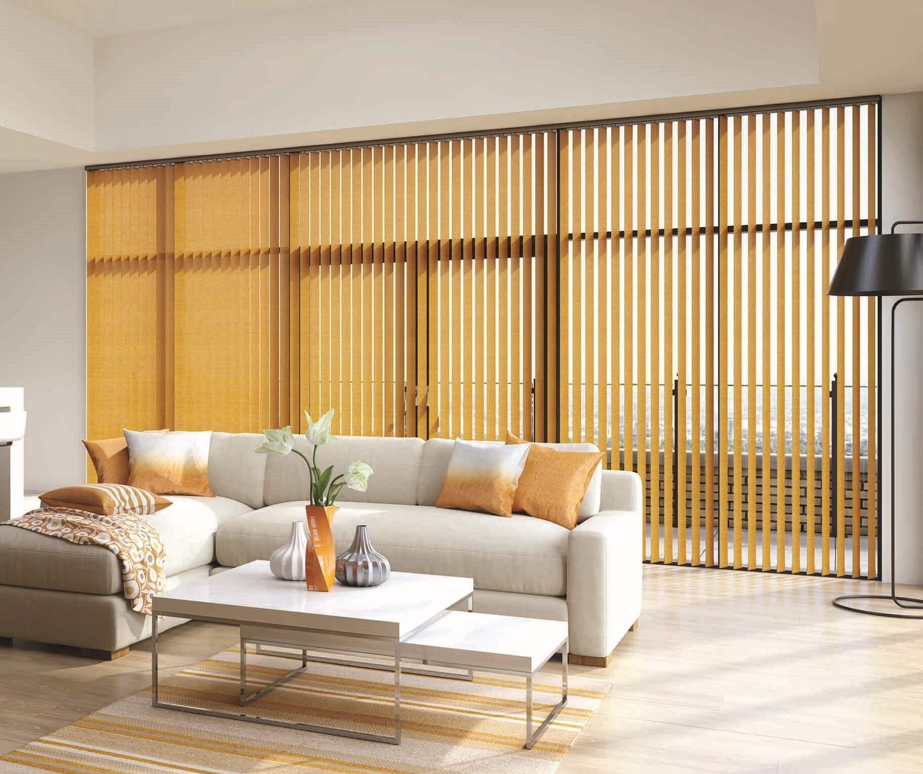 Living room with custom window shades by Skyline Shades & Shutters